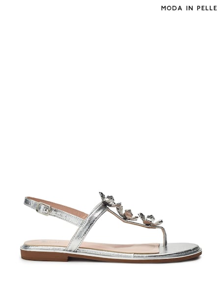 Moda in Pelle Silver Jewelle Flower Print Trim Toe Post Flat Comfort Sandals (W87022) | €87