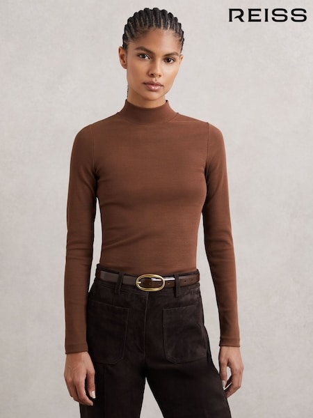 Reiss Brown Polly Stretch-Cotton Funnel-Neck Top (W87193) | AED346