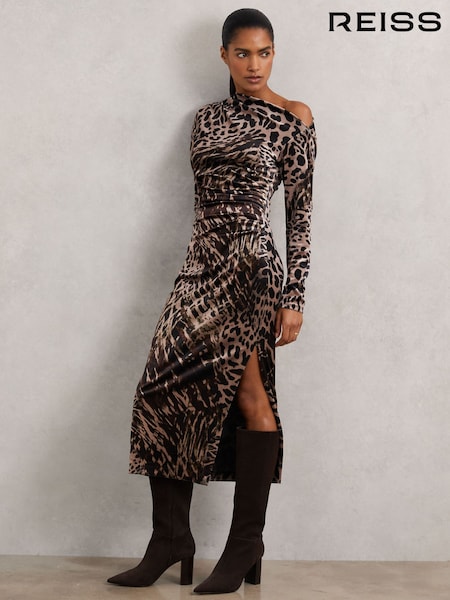 Reiss Black/Brown Briana Petite Velvet Leopard-Print Midi Dress (W87198) | AED1,224