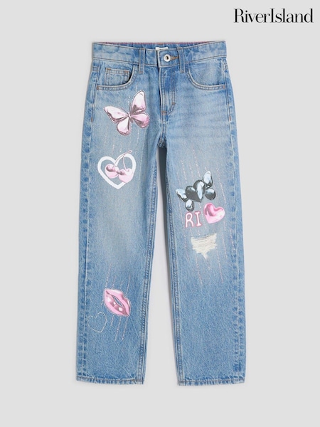 River Island Blue Girls Graffiti Straight Jeans (W87308) | AED169