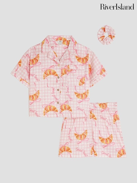 River Island Pink Girls Gingham Croissant Satin Pyjamas (W87346) | R$ 215