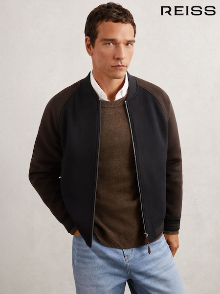 Marinho/Marrom - Reiss Rylan Wool-Blend Colour-Block Bomber Jacket (W87348) | R$ 2.945