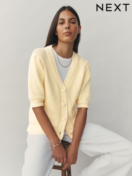 צהוב - Cosy Short Sleeve Heart Button Cardigan (W87440) | ‏107‏₪