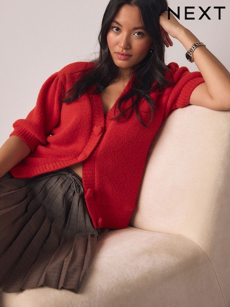 אדום - Cosy Short Sleeve Heart Button Cardigan (W87451) | ‏107‏₪