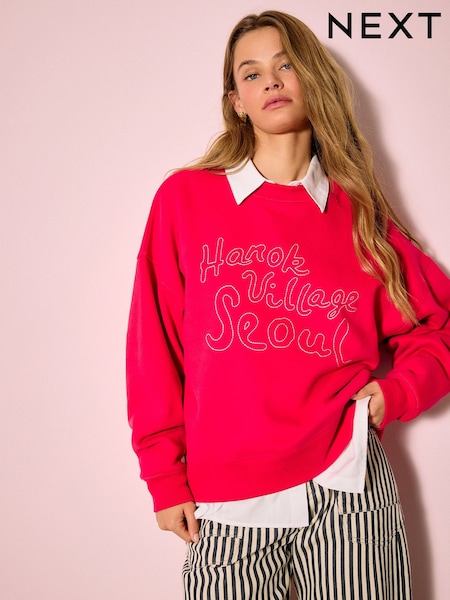 Pink Graphic Long Sleeve Crew Neck Sweat Top (W87453) | kr309