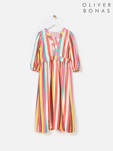 Oliver Bonas Multicoloured Striped V-Neck Midi Dress (W87490) | R$ 790