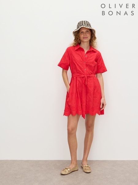 Oliver Bonas Red Floral Print Broderie Textured Mini Shirt Dress (W87492) | €102