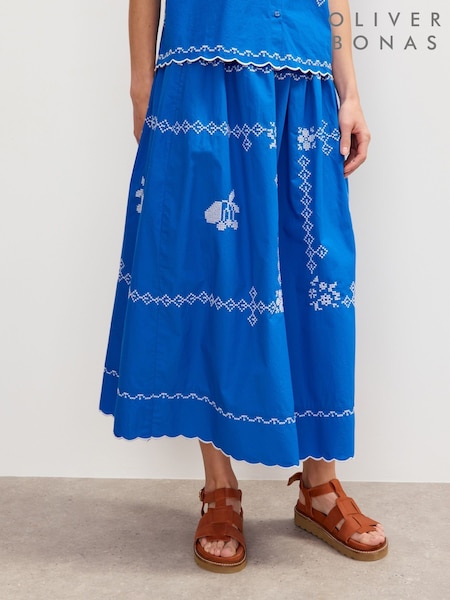 Oliver Bonas Blue Cross Stitch Midi Skirt (W87494) | AED437
