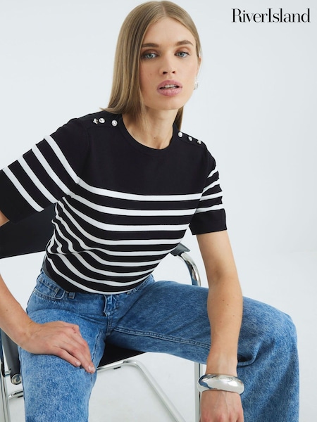 River Island Black Crew Neck Stripe Knitted T-Shirt (W87786) | €33