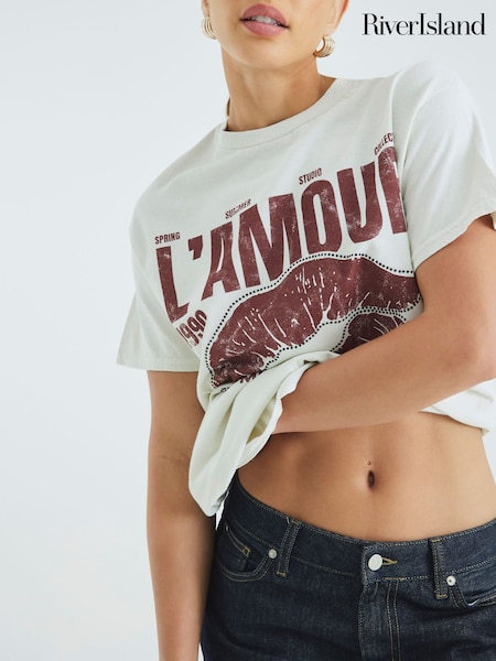 River Island Cream L'amour Embellished Lips T-Shirt (W87797) | €33