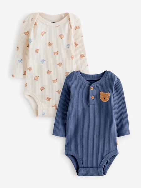 Bear Print 2 Pack Long Sleeve Ribbed Baby Bodysuits (W87816) | AED134