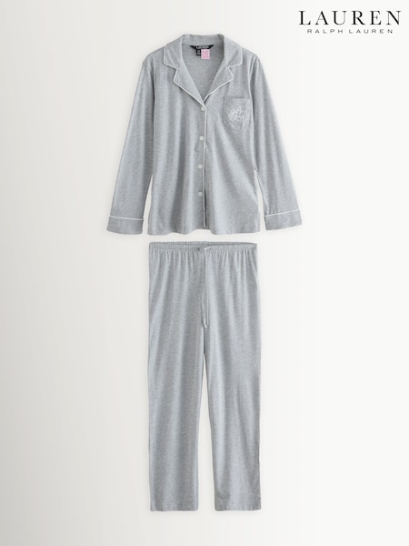 Lauren Ralph Lauren Grey Cotton Modal Long Sleeve Notch Collar Pyjamas Set (W87913) | €183