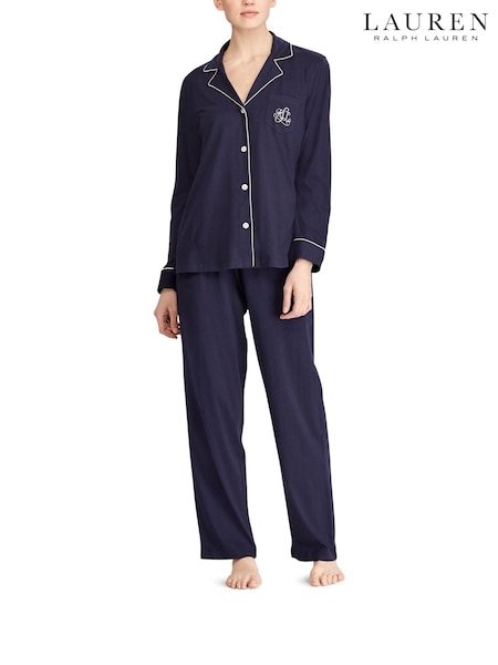 Lauren Ralph Lauren Blue Cotton Modal Long Sleeve Notch Collar Pyjamas Set (W87937) | R$ 1.275