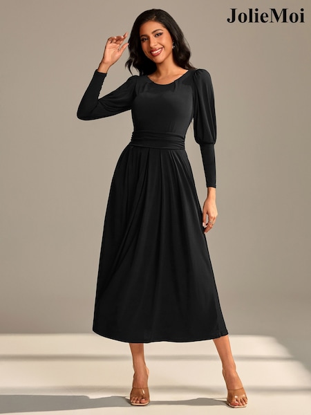 Jolie Moi Black Long Puff Sleeved Jersey Midaxi Dress (W88255) | €101