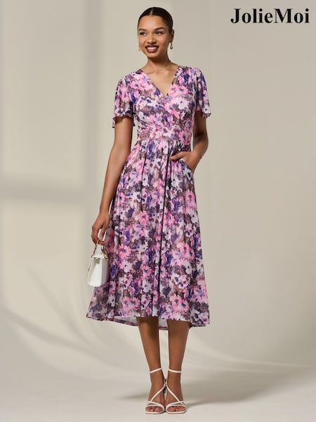 Jolie Moi Light Pink Petite Mesh Short Sleeve Wrap Midaxi Dress (W88277) | €95