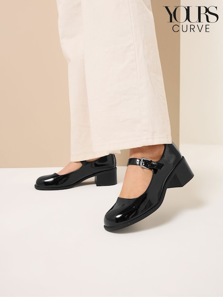 Yours Curve Black Extra Wide Fit Mid Block Patent Mary Jane Shoes (W88280) | €52