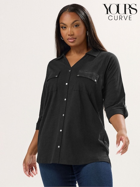 Preto - Yours Curve Full Placket Jersey Shirt (W88295) | R$ 235