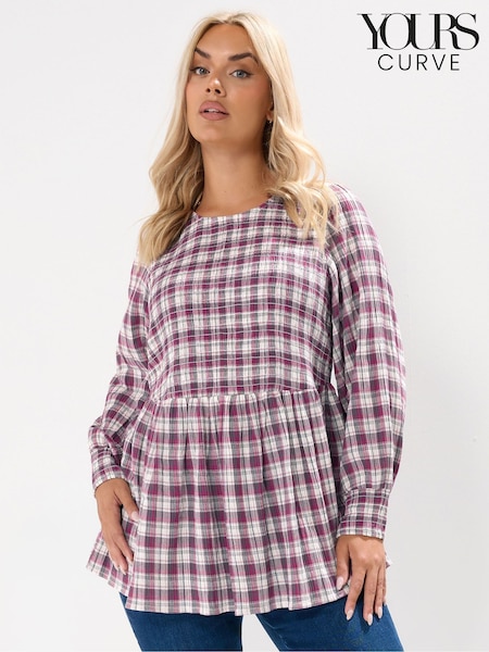 Yours Curve Pink Shirred Textured Check Top (W88308) | €41