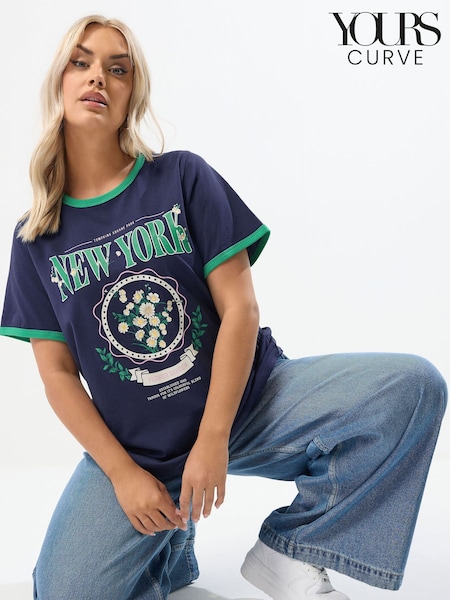 Yours Curve Blue Placement Varsity Ringer T-Shirt (W88316) | €25