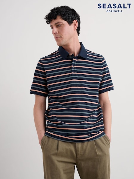 Seasalt Cornwall Blue Mens Balefire Striped Polo Shirt In GOTS Certified Cotton (W88379) | 178 QAR