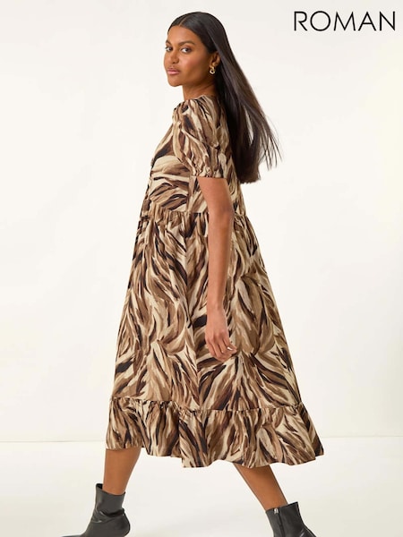 Roman Brown Abstract Print Tie Front Smock Dress (W88479) | €63
