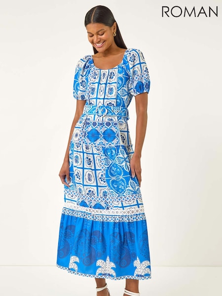 Roman Blue Abstract Border Belted Midi Dress (W88487) | €69