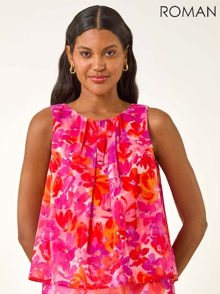 Roman Floral Print Double Layered Pleated Vest Top (W88491) | R$ 485