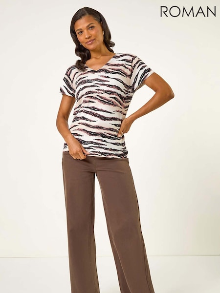 Roman Black Animal Print Embellished V-Neck Knit Blouse (W88493) | AZN 129