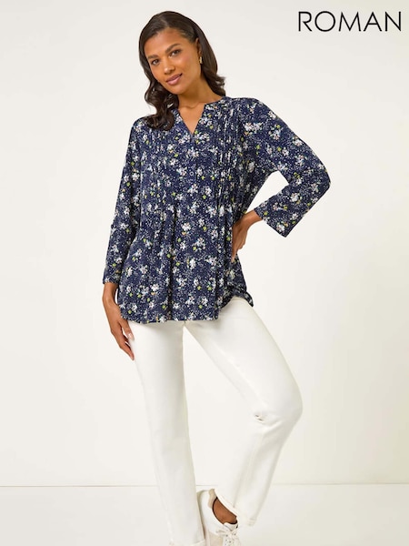 Roman Blue Ditsy Floral Print Stretch Blouse (W88499) | €53