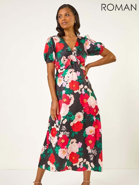 Roman Puff Sleeve Floral Print Satin Midi Dress (W88518) | R$ 785