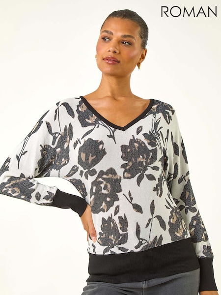 Roman Floral Print V-Neck Knit Jumper (W88520) | R$ 580