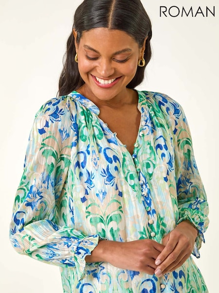 Roman Blue Printed Metallic Button Blouse (W88522) | €58