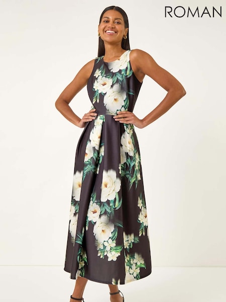Roman Floral Print Motif Premium Stretch Midi Dress (W88523) | R$ 825