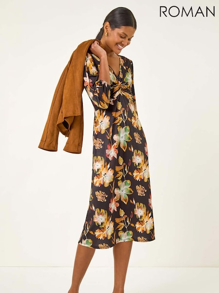 Alaranjado - Roman Floral Print Twist Front Midi Dress (W88524) | R$ 605