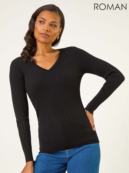 Roman Black V-Neck Ribbed Knit Jumper (W88533) | R$ 385