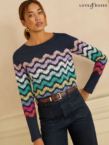 Love & Roses Navy and Multicolored Stripe Petite Long Sleeve Jersey Top (W88560) | 135 QAR