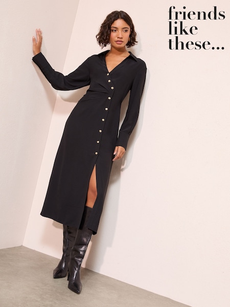Negru - Friends Like These Long Sleeve Side Button Detail Midi Shirt Dress (W88711) | 365 LEI
