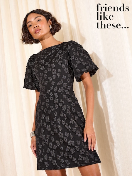 Friends Like These Black Puff Sleeve Floral Jaqcuard Mini Dress (W88713) | €60