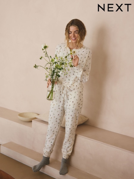 Cream Floral Cosy Waffle Long Sleeve Pyjamas (W88751) | AED159