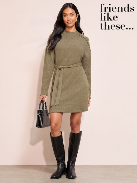 Friends Like These Khaki Green Petite Long Sleeve Button Shoulder Tie Belt Cosy Mini Dress (W88810) | €55