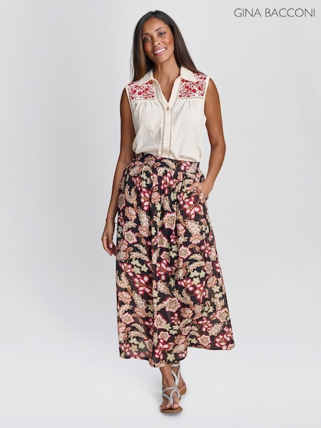 Gina Bacconi EMI Floral Print Elastic Waist Black Skirt (W88928) | R$ 680