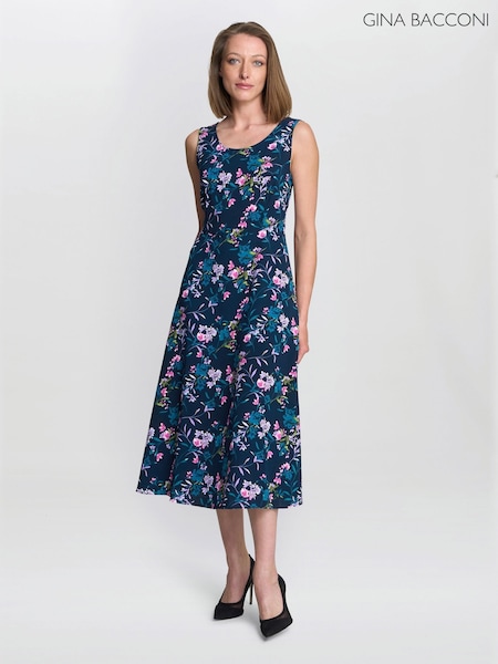Gina Bacconi Blue Floral Print Jersey Dress (W88933) | €165