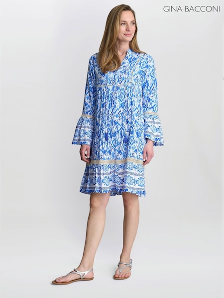 Gina Bacconi Blue Eva Marie Collarless Shirt Dress (W88938) | R$ 980