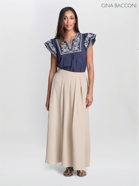 Gina Bacconi Blue Cressa Embroidered Cotton Flutter Sleeve Top (W88940) | €75