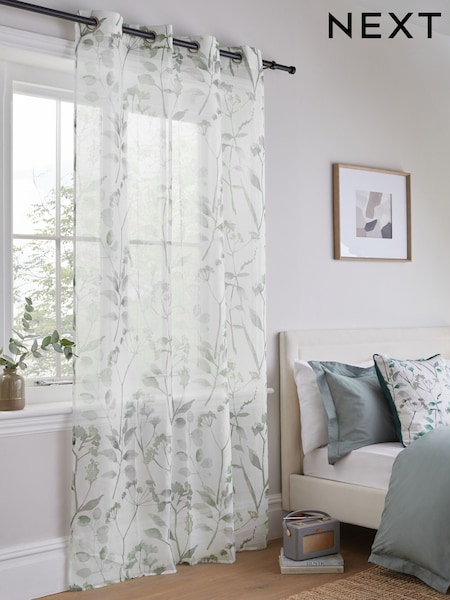 Sage Green Isla Floral Printed Eyelet Unlined Sheer Panel Voile Curtain (W88948) | €20 - €28