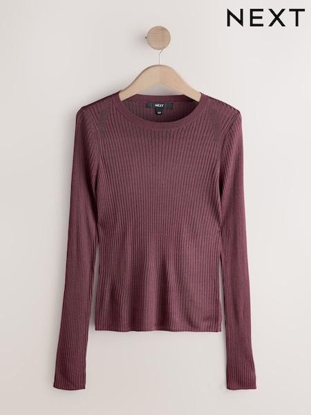 Burgundy Red Sheen Ribbed Long Sleeve Knitted Top (W88987) | AED164