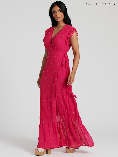 South Beach Pink Pink Sequin Detail Wrap Midi Dress (W89029) | R$ 495