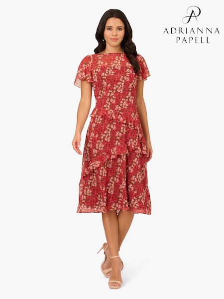 Adrianna Papell Print Crinkle Chiffon Brown Dress (W89160) | R$ 1.570