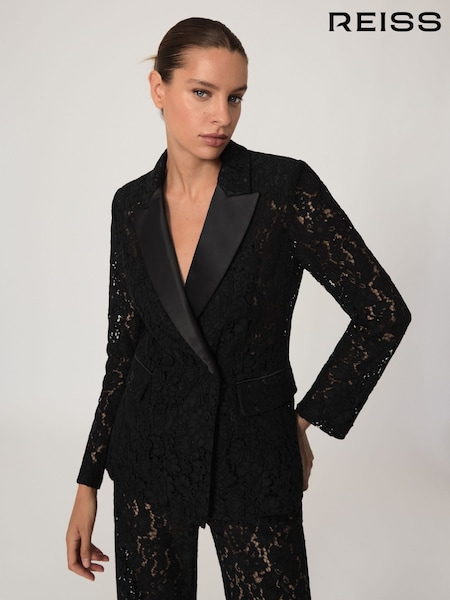 Reiss Black Delphine Double-Breasted Lace Tuxedo Blazer (W89193) | €385
