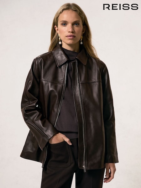 Reiss Chocolate Brown Layla Longline Leather Jacket (W89199) | AED3,096